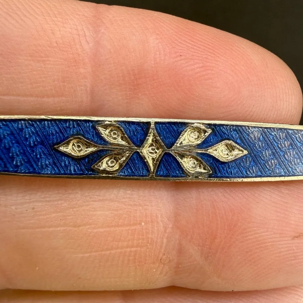 Vintage Guilloche Enamel Bar Brooch Gold Tone Blue